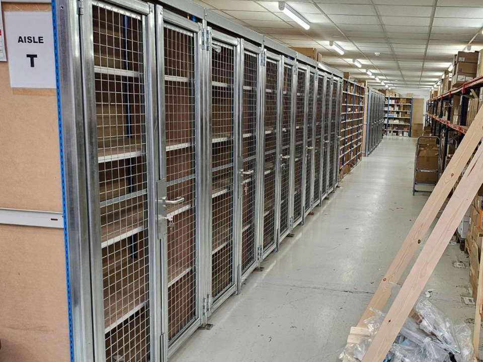Trimline shelving units with steel mesh security doors