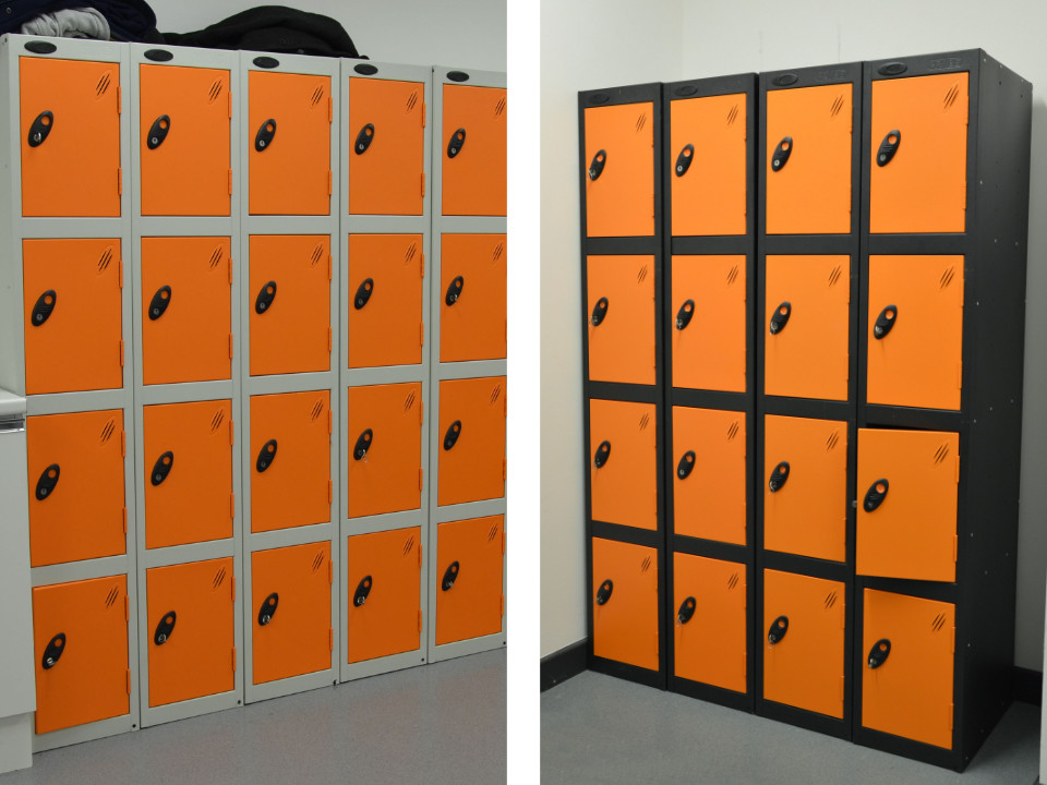 Orange and black lockers for staff storage in the workplace