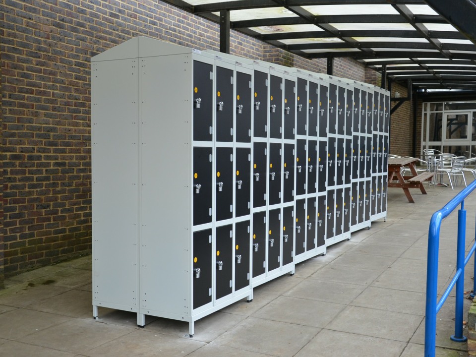Outdoor steel storage lockers at a school