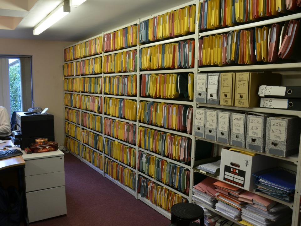 Lateral file storage racks in an office