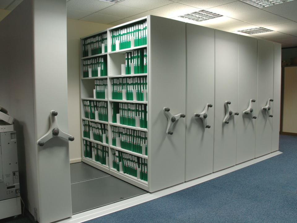 Mobile shelving system in an office setting