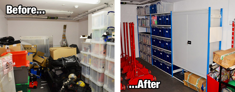 Before and after photos of the St Mary's sports storage room