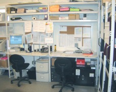 Prep benches and workstations within shelving bays