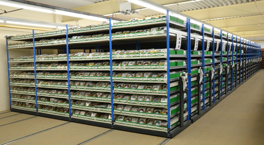 High density mobile roller racking for dvd storage