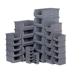 Grey plastic storage bins