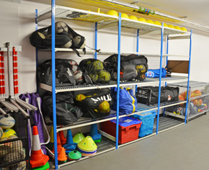 Wire shelves for storing sports equipment