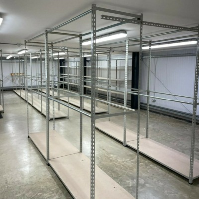 garment storage racks in a stockroom