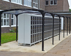 Outside school lockers under a free-standing canopy